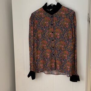 Sezane Floral Button-Up Blouse with Black Accents